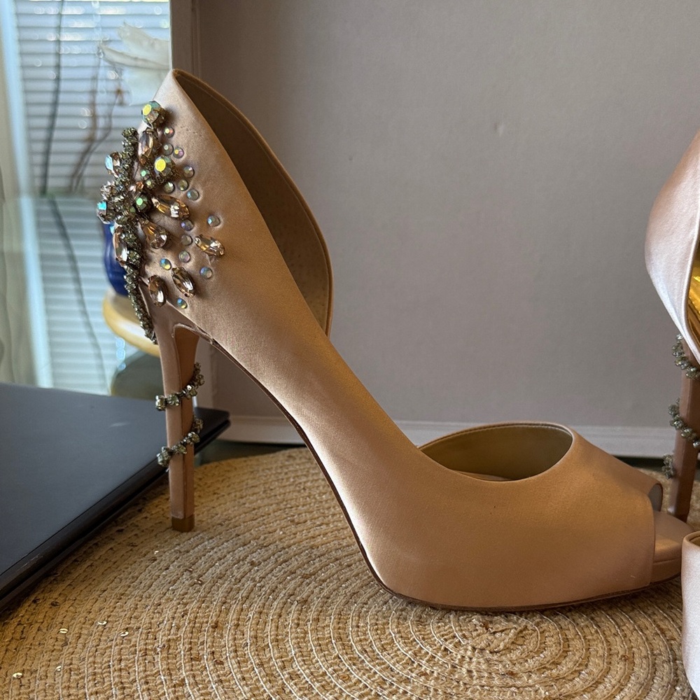 ANTONIO MELANI Champagne Satin Peep-Toe Heels with Crystal Embellishment